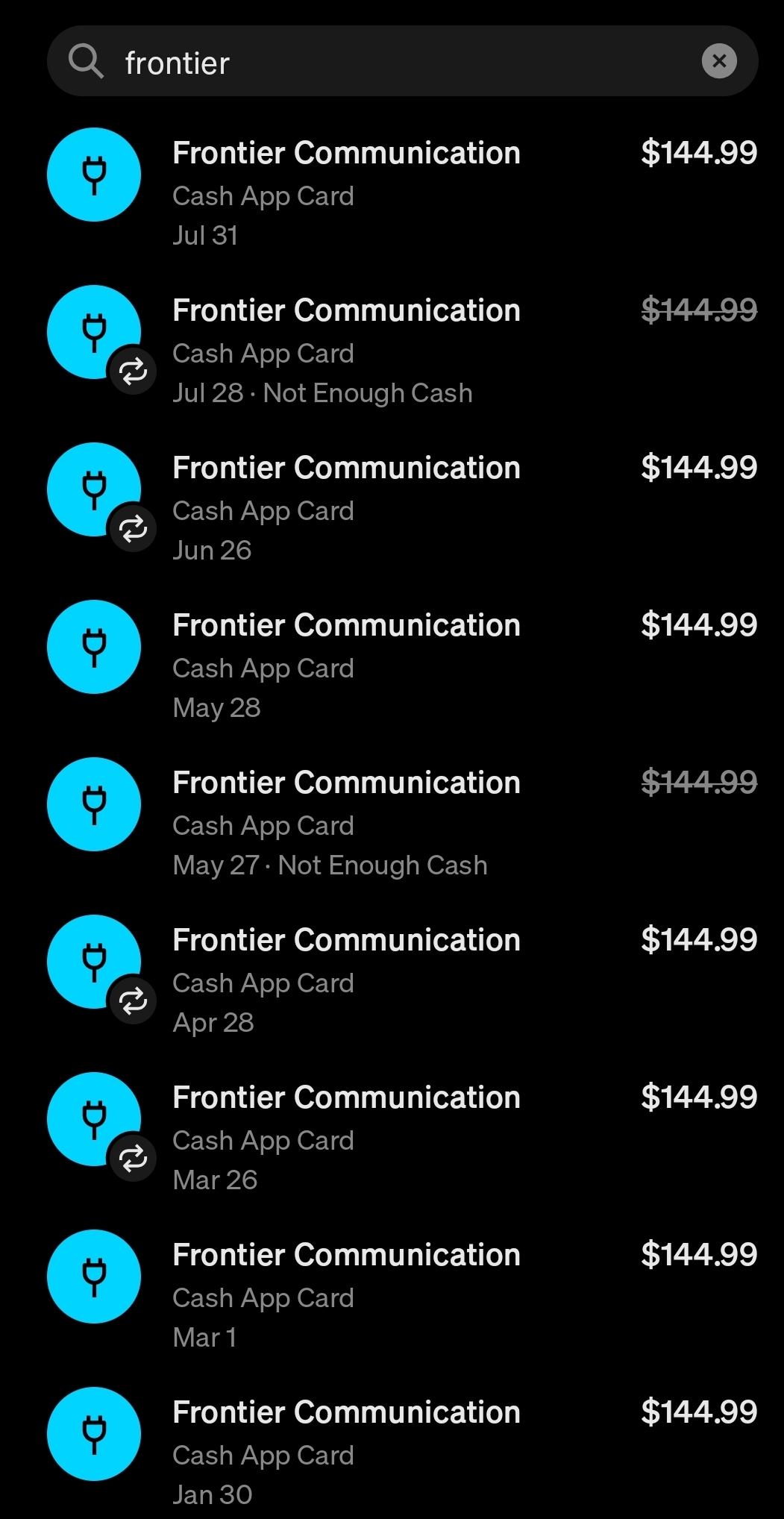 Cash App transaction record showing payment to Frontier