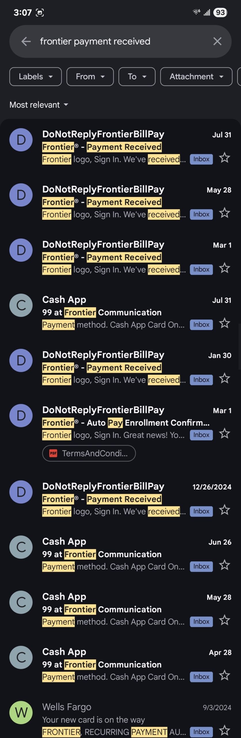 Frontier billing notification confirming payment current