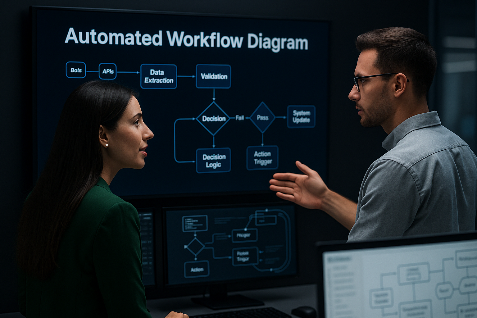 Circuit 12 AI automation control room — operators supervising RPA, document intelligence, and API orchestration on a live workflow board