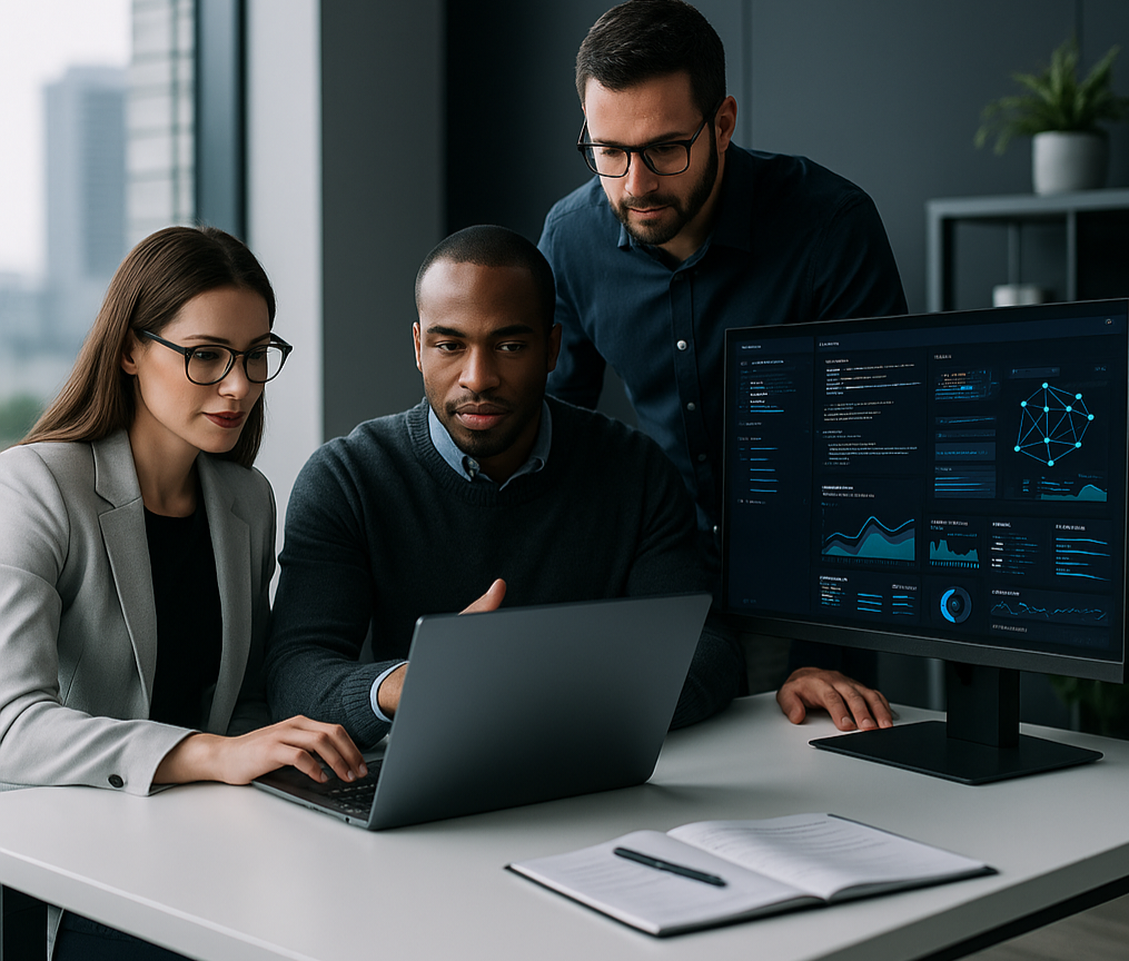 Circuit 12 AI engineers collaborating on a custom AI solution in a modern workspace