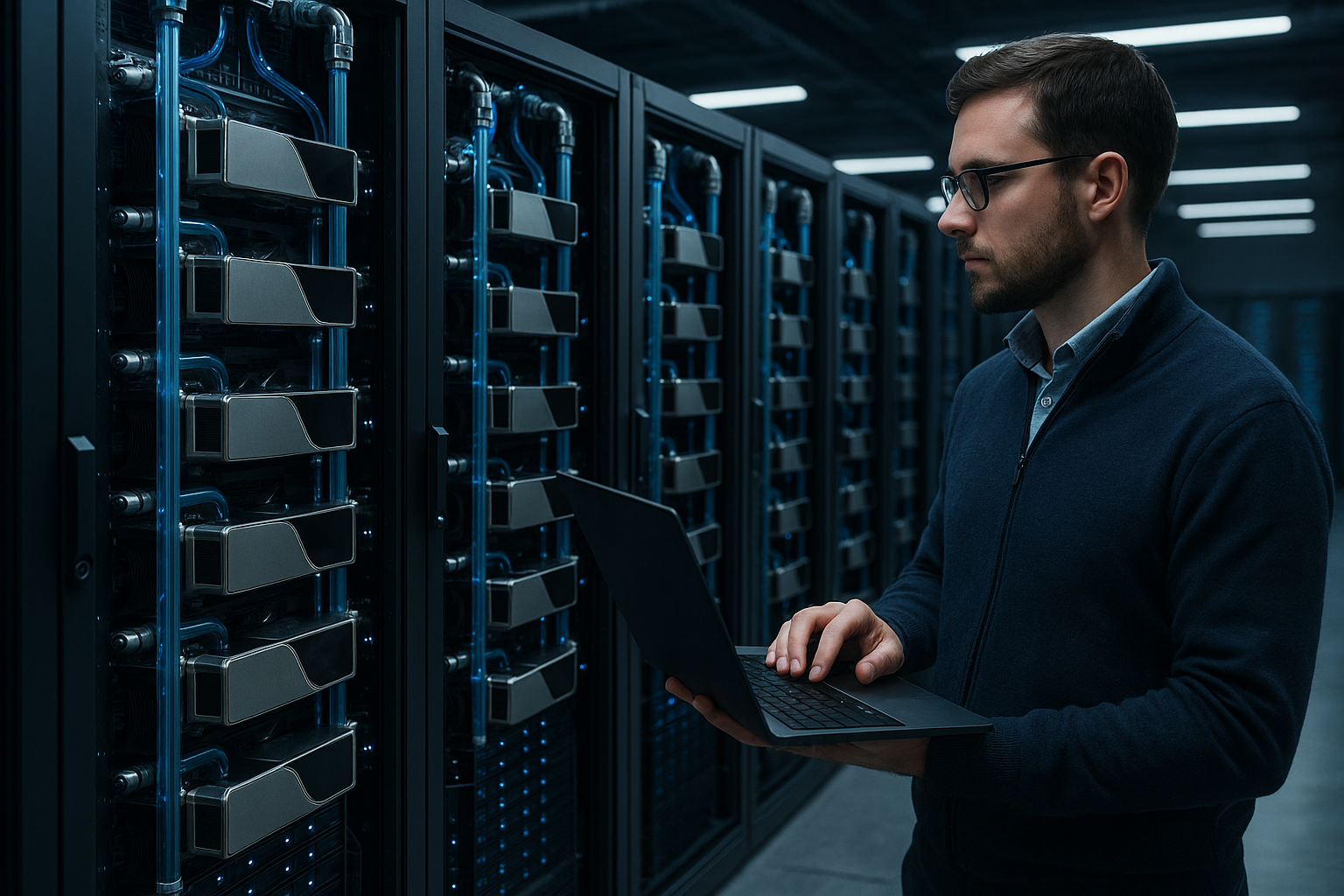 High-end AI server cluster with liquid-cooled GPUs and operator