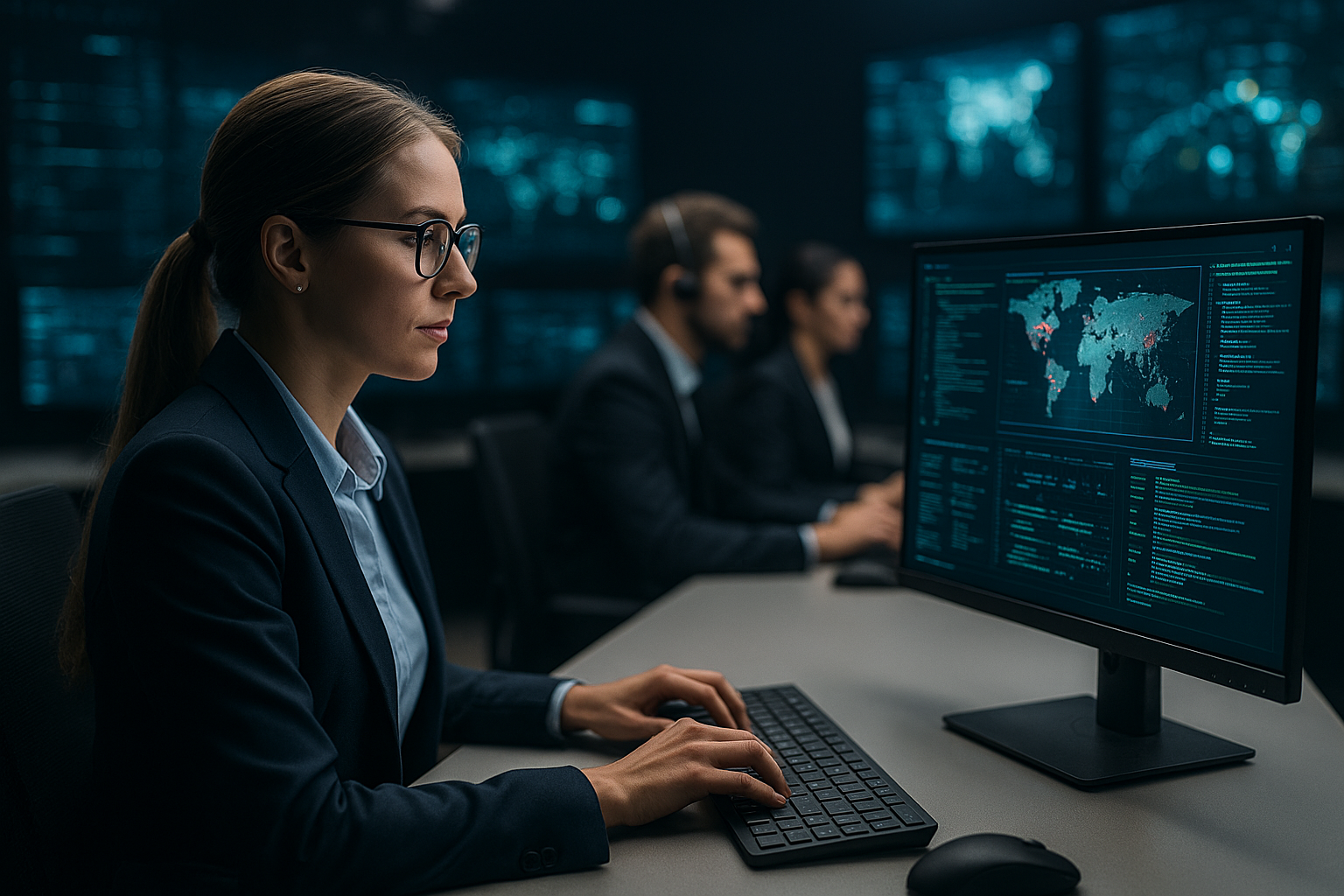 Circuit 12 AI Security Operations Center — analysts monitoring threat maps and incident alerts in real time