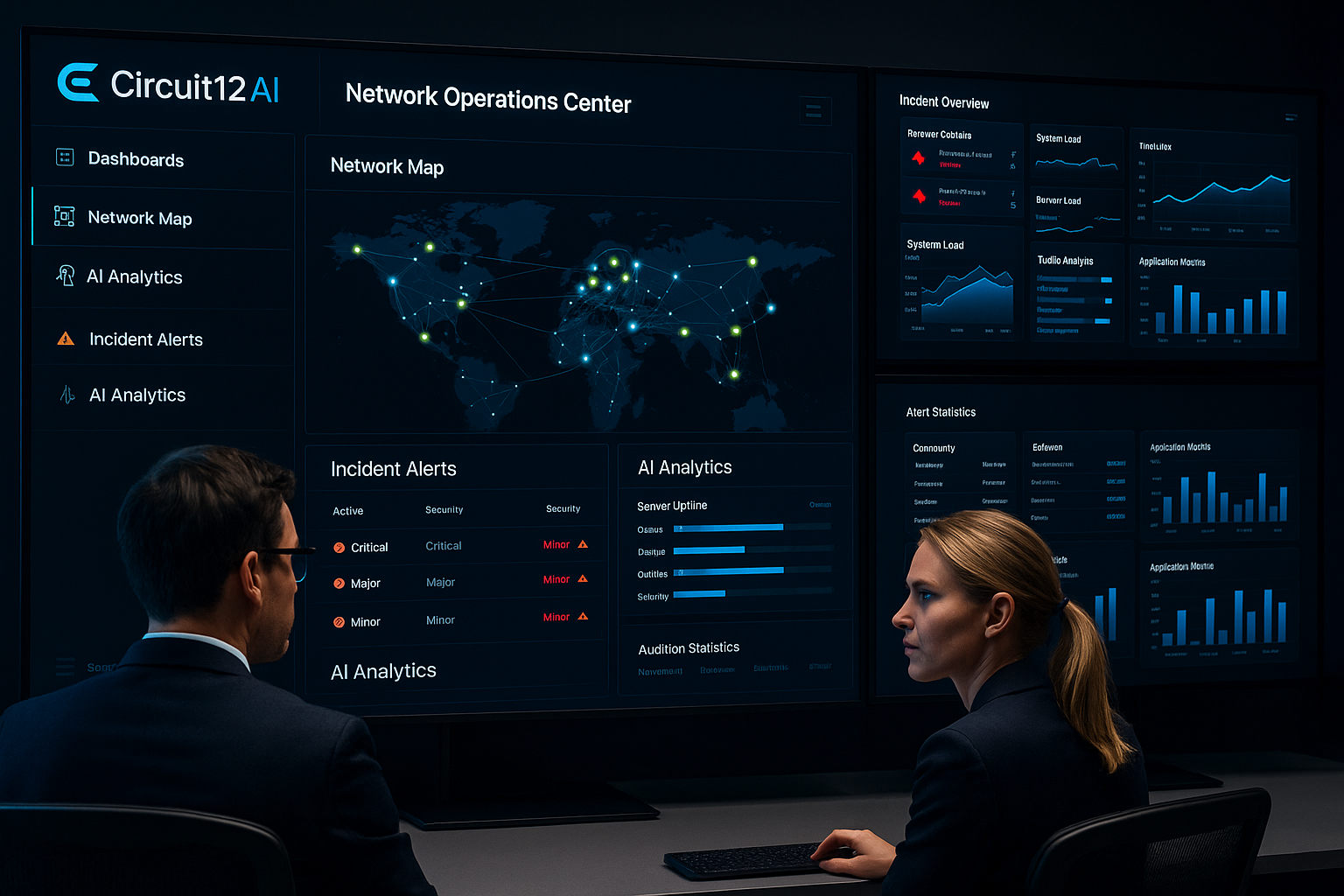 Circuit 12 AI Network Operations Center — analysts monitoring network health, AI system performance, and incident alerts with real-time dashboards